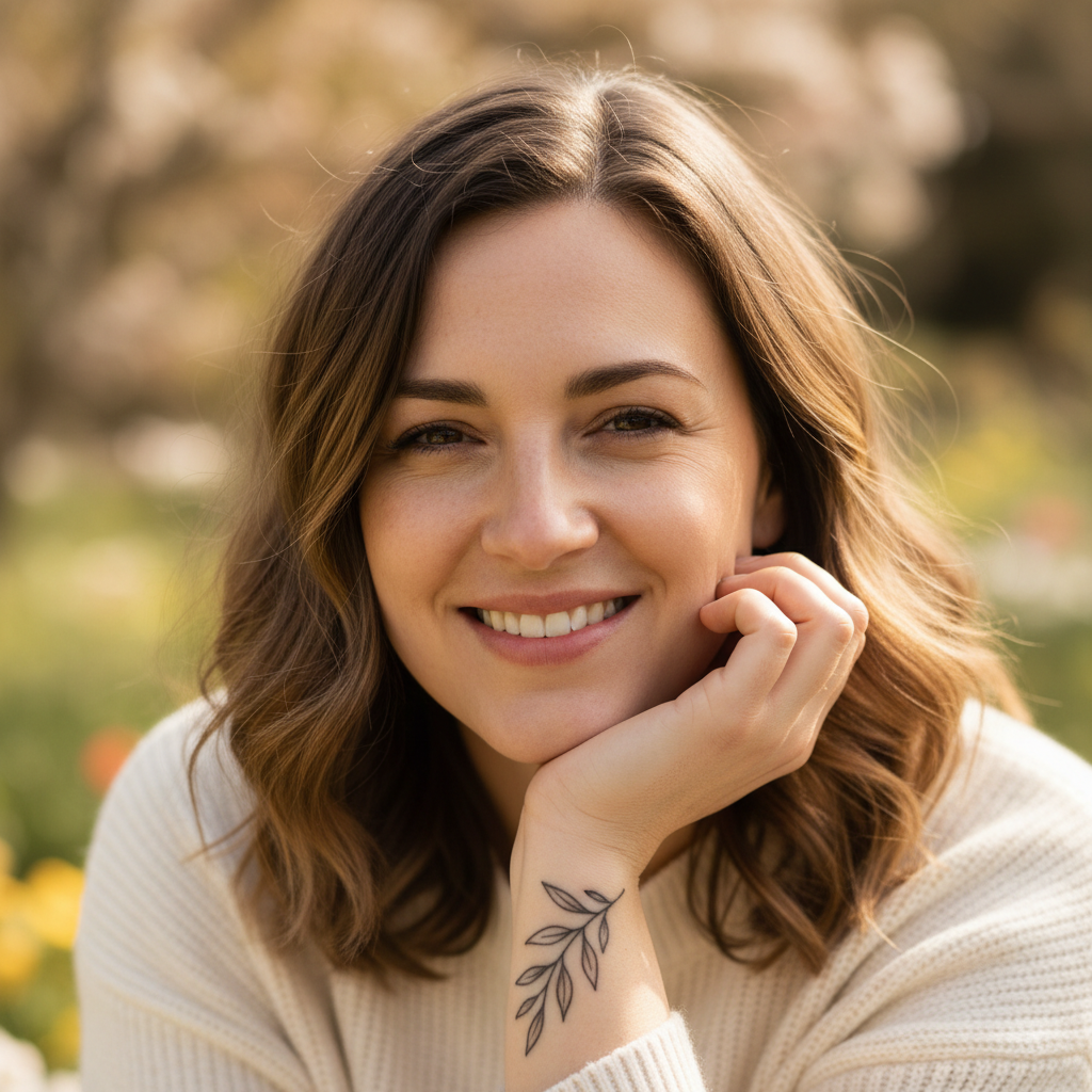 Portrait of Margot, satisfied client with fine line forearm tattoo
