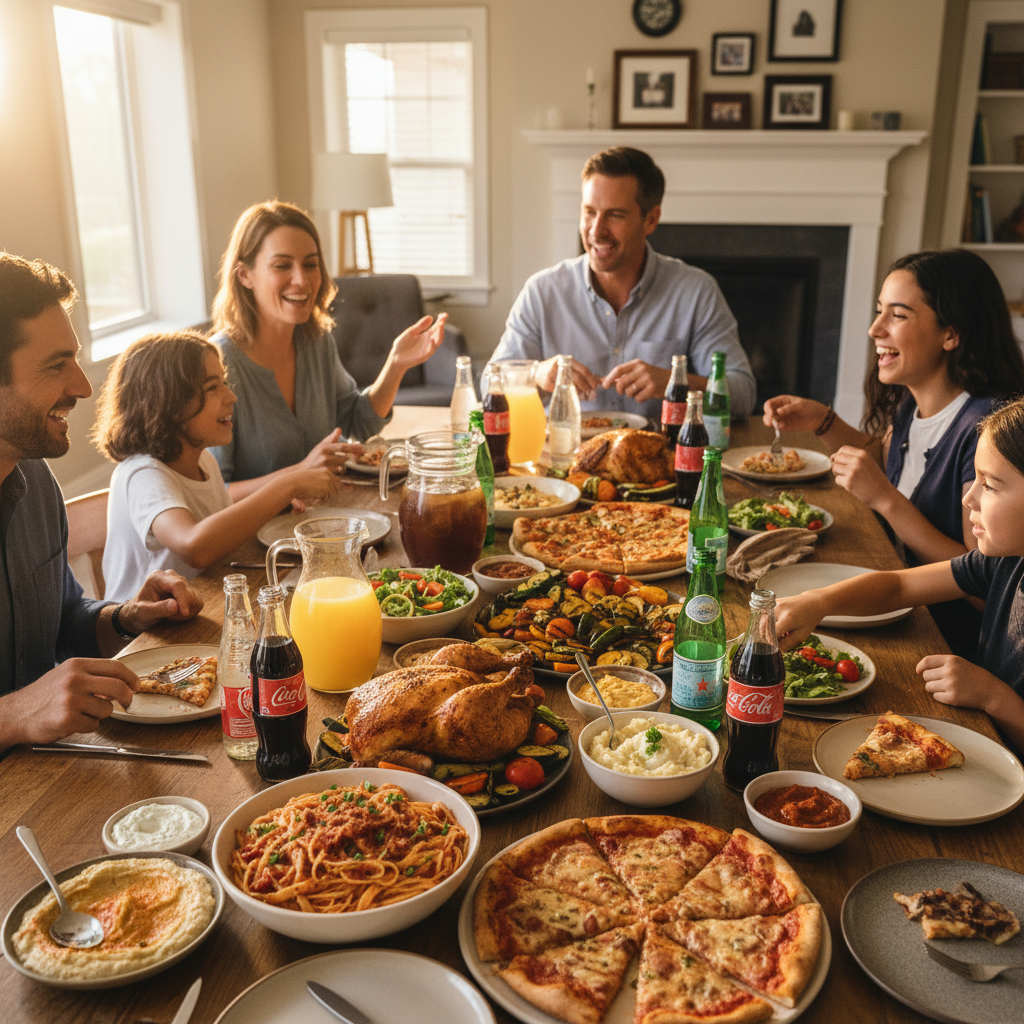 Large family meal spread with multiple burgers fries and drinks on table