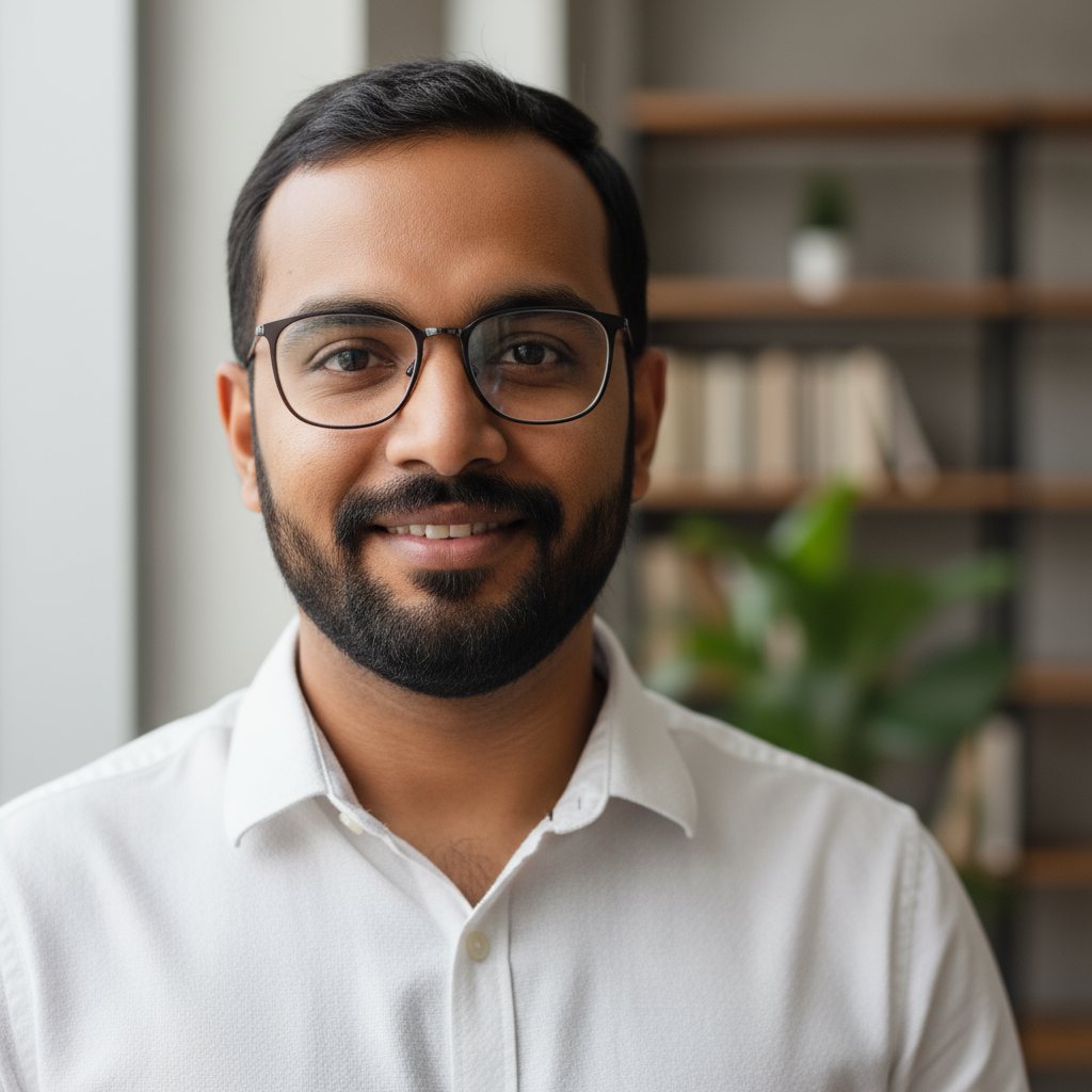 Young Indian man civil engineer in professional attire, well-lit studio background