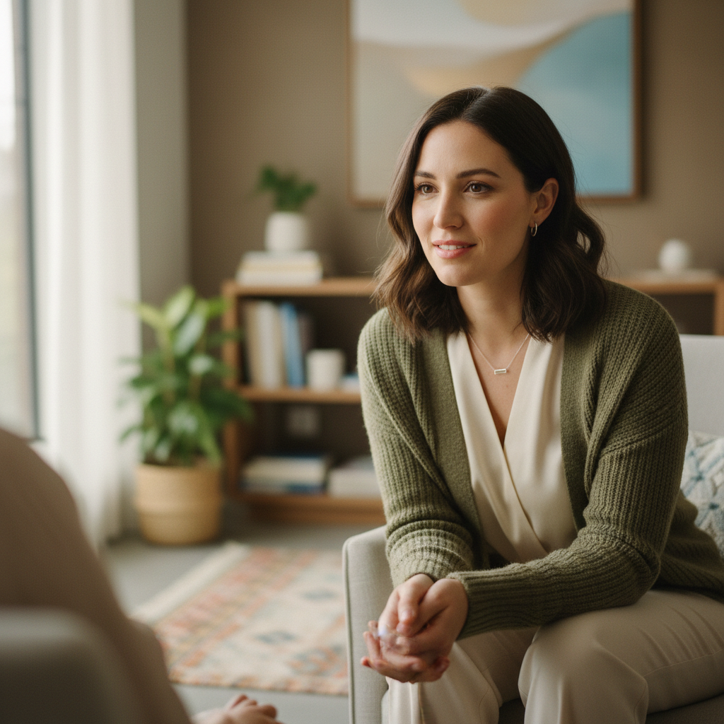 Female psychologist with kind expression in well-lit modern therapy office