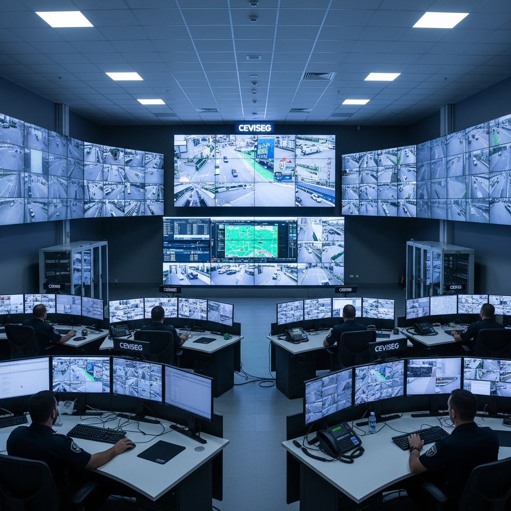 Security monitoring center with multiple CCTV screens and operator workstations