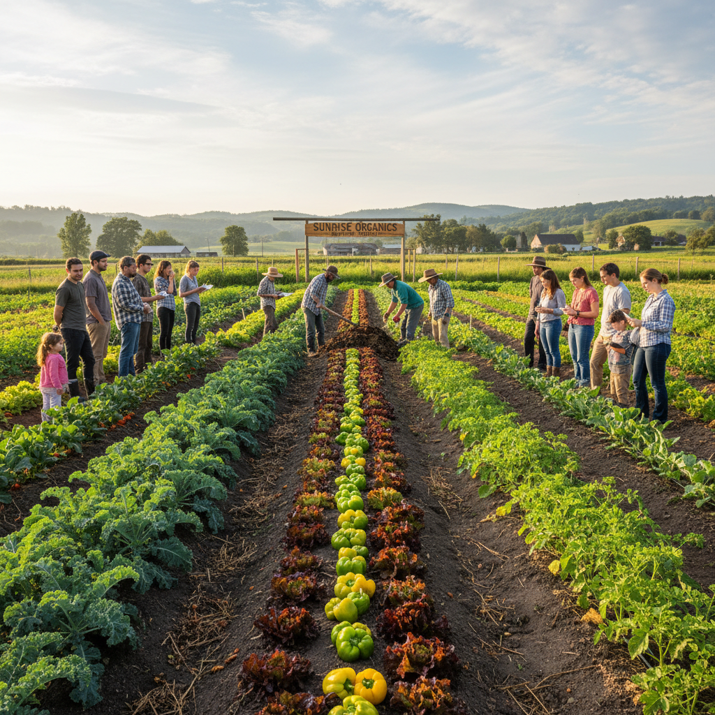 Organic vegetable farm with green rows of crops, sustainable farming practices