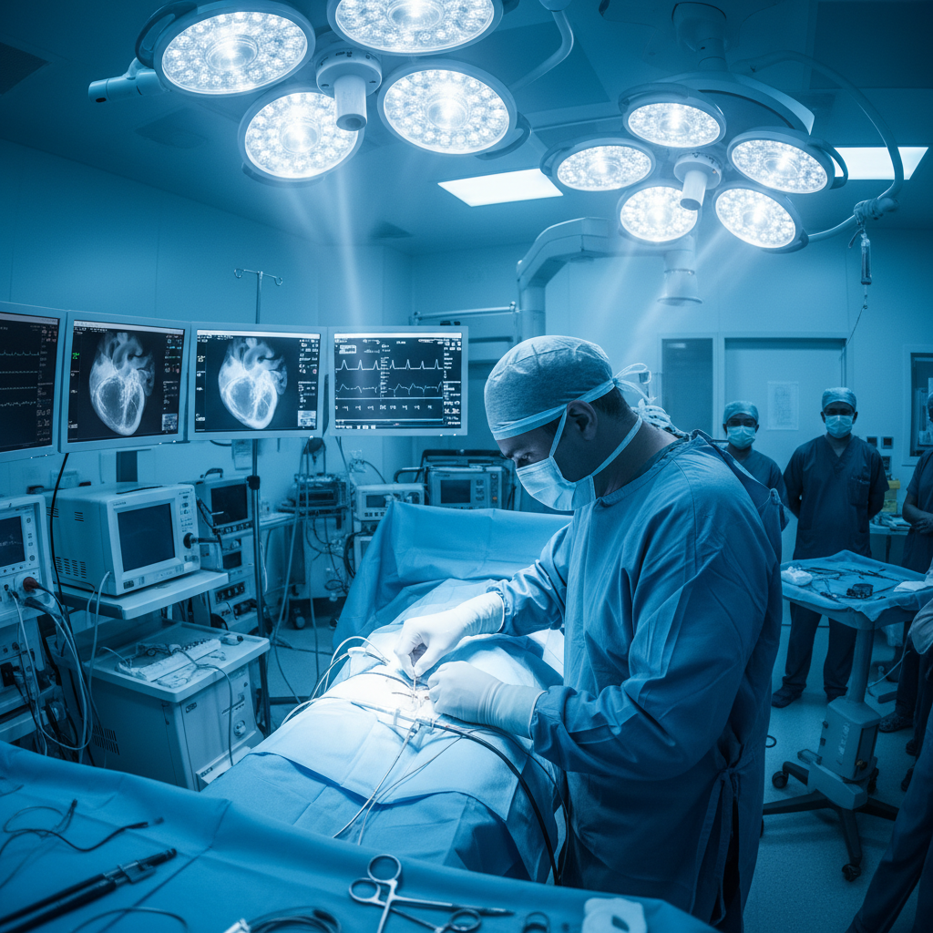 Medical imaging screen showing catheter procedure with cardiac team monitoring vital signs in catheterization lab