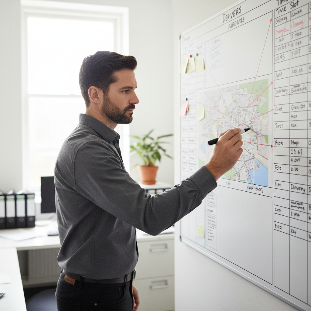 Marcus Webb, route planner, standing beside a scheduling board with a focused expression