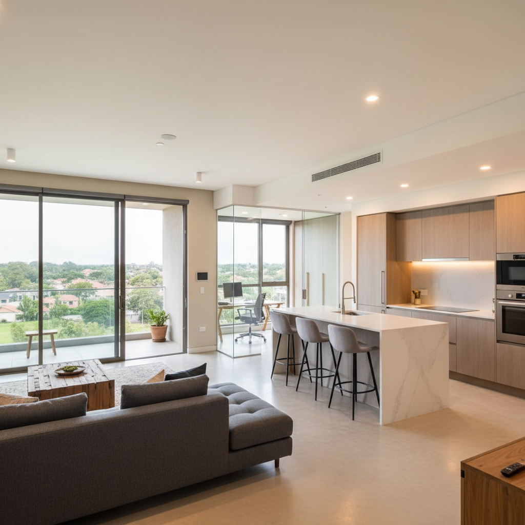 Executive one bedroom apartment with modern kitchen, tiled bathroom and balcony overlooking green estate