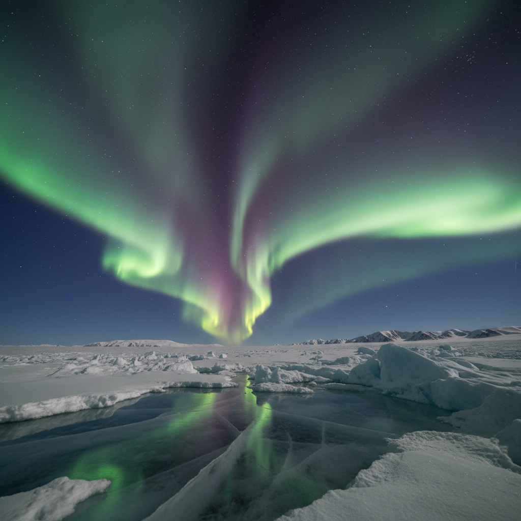 Northern lights aurora borealis over dark Arctic fjord, green and purple ribbons