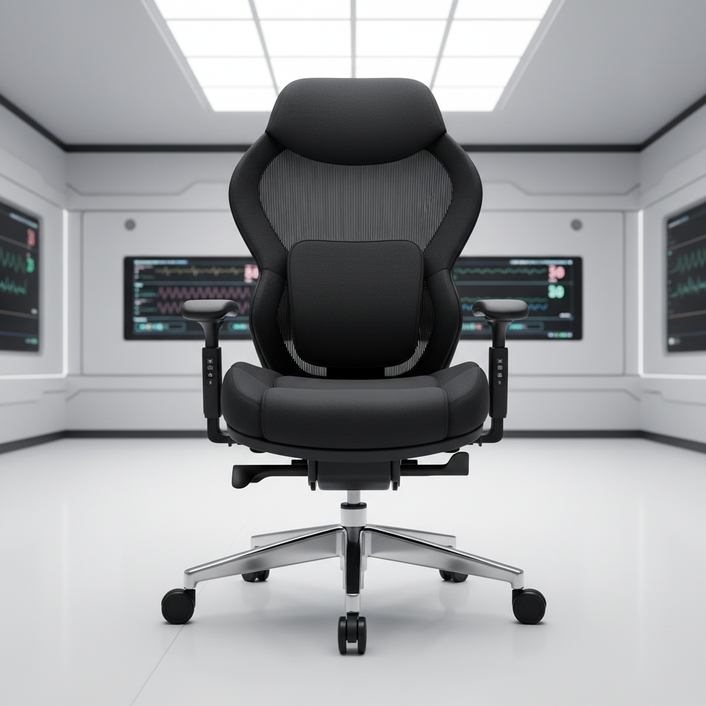 Modern ergonomic office chair in black mesh design displayed in a bright well-lit workspace