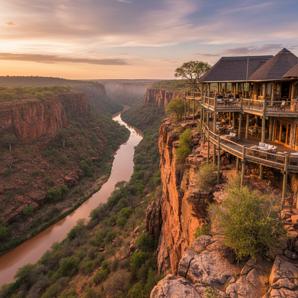 Safari lodge on cliff edge overlooking Runde River gorge in Gonarezhou