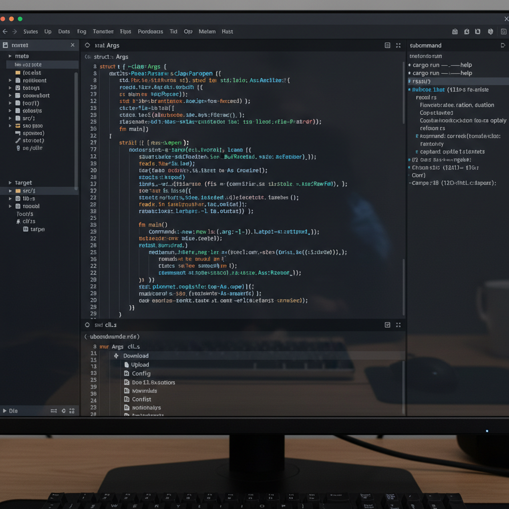 Dark code editor with Rust syntax highlighting, deep shadows, moody dark workspace