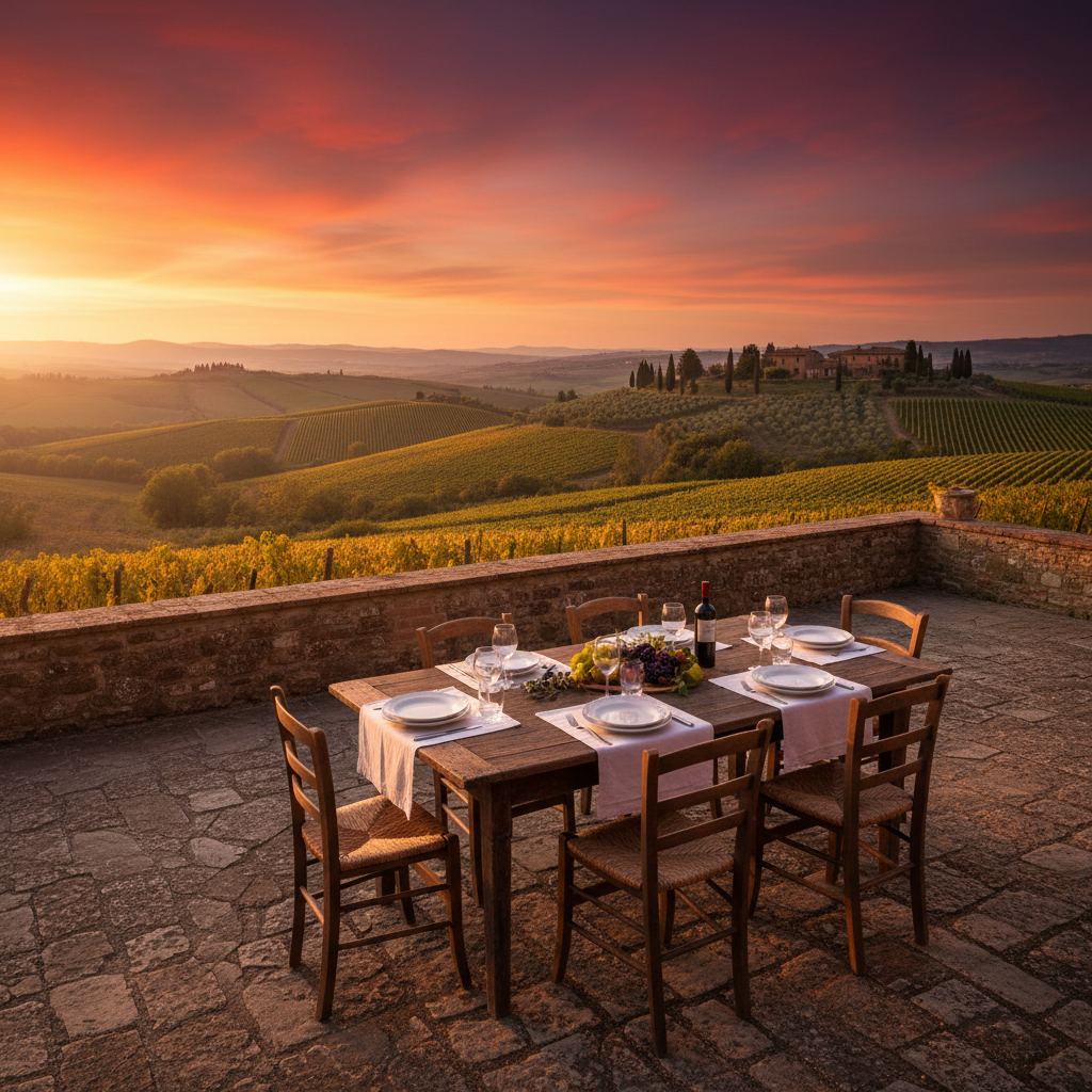Outdoor dining table in Tuscany at sunset, rustic stone terrace with vine-covered walls and golden light