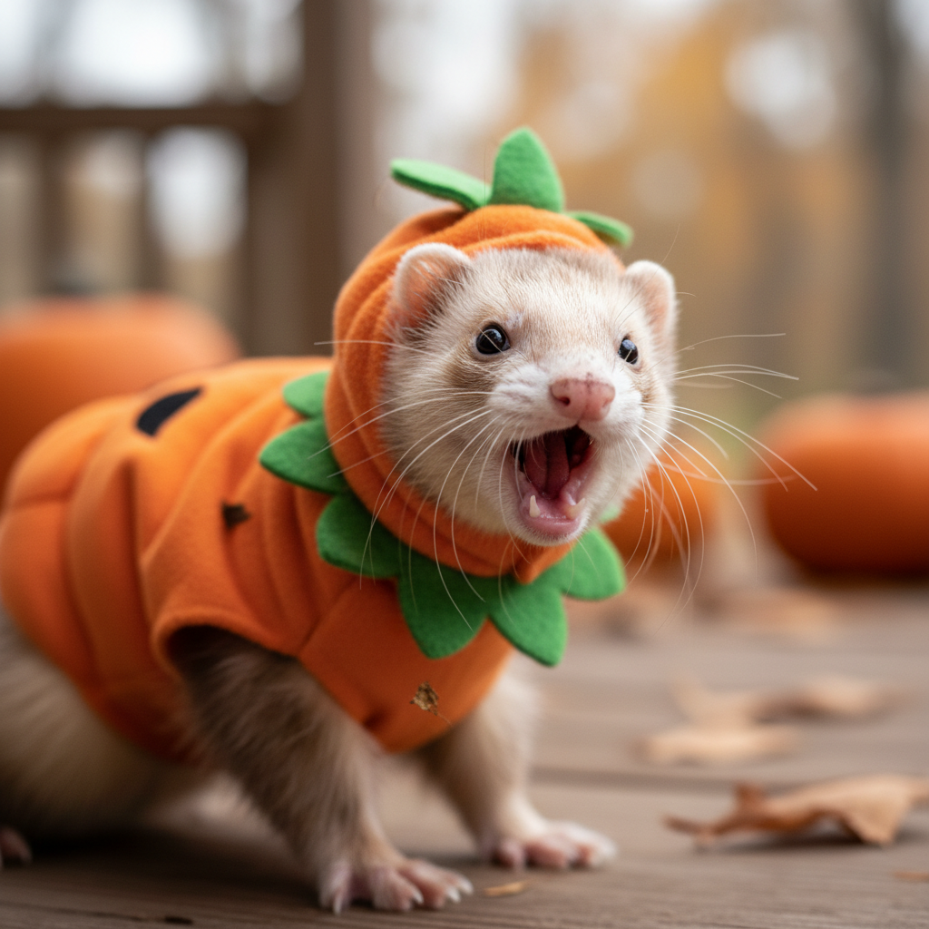 Ferret wearing a tiny seasonal pumpkin costume, mid-dook with mouth open