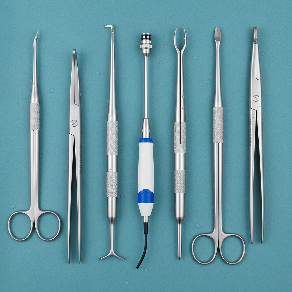 Laparoscopic surgical instruments in a darkened operating room with blue lighting, professional surgical setting