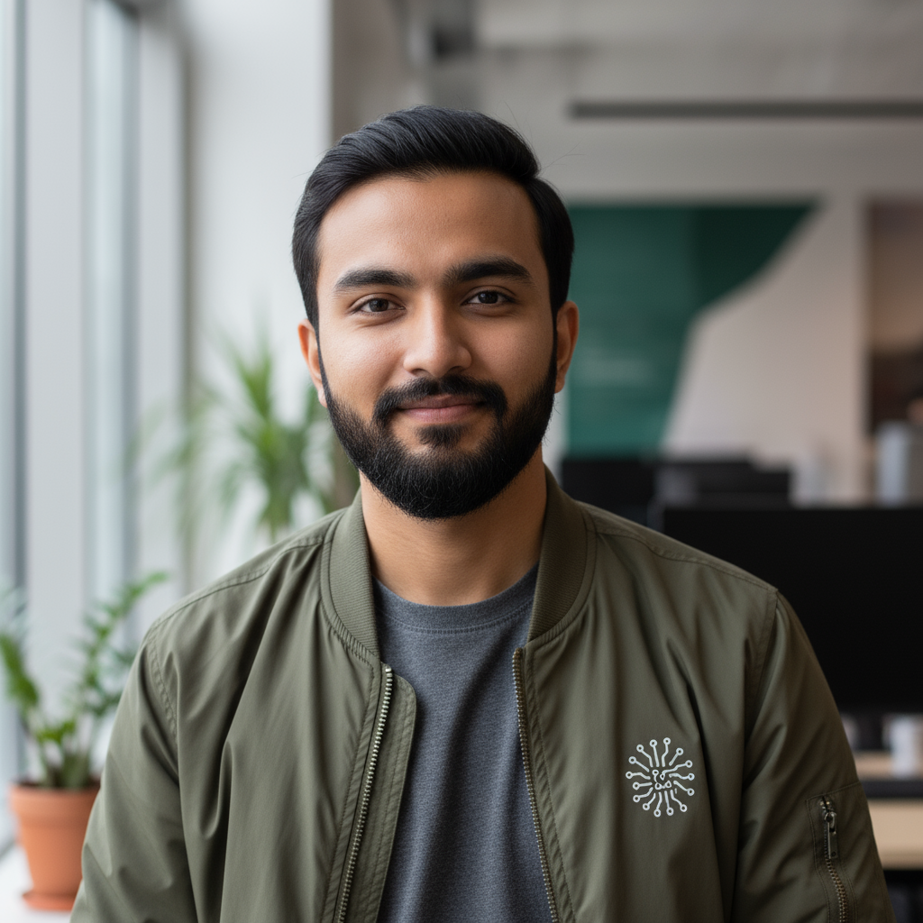 Indian male creative director with beard, casual professional setting with dark background