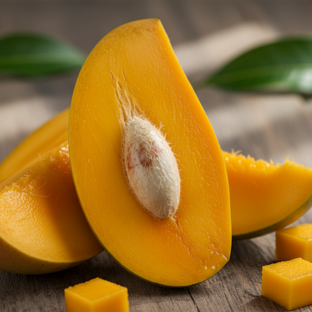 Mango kulfi with bright orange color garnished with fresh mango slices