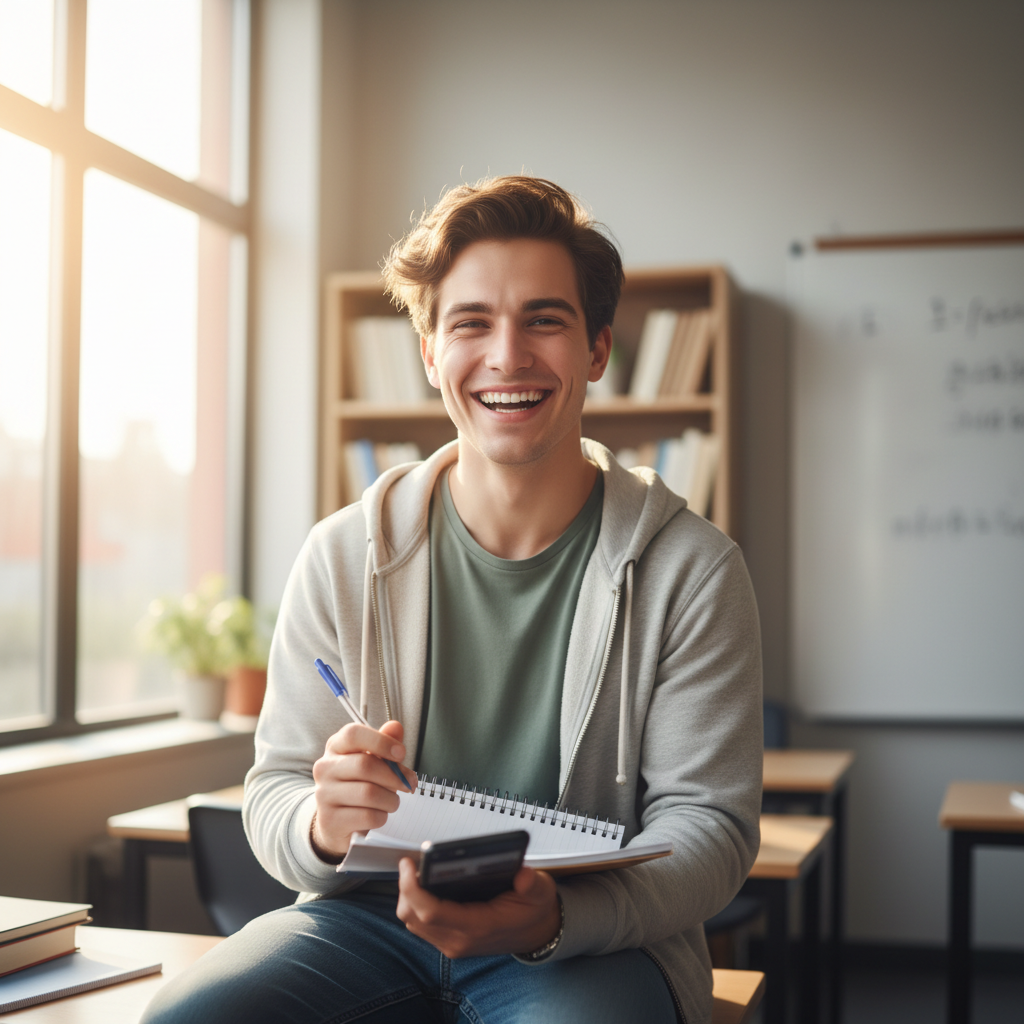 Smiling boy holding a pencil with a notebook, bright hopeful expression, outdoor setting