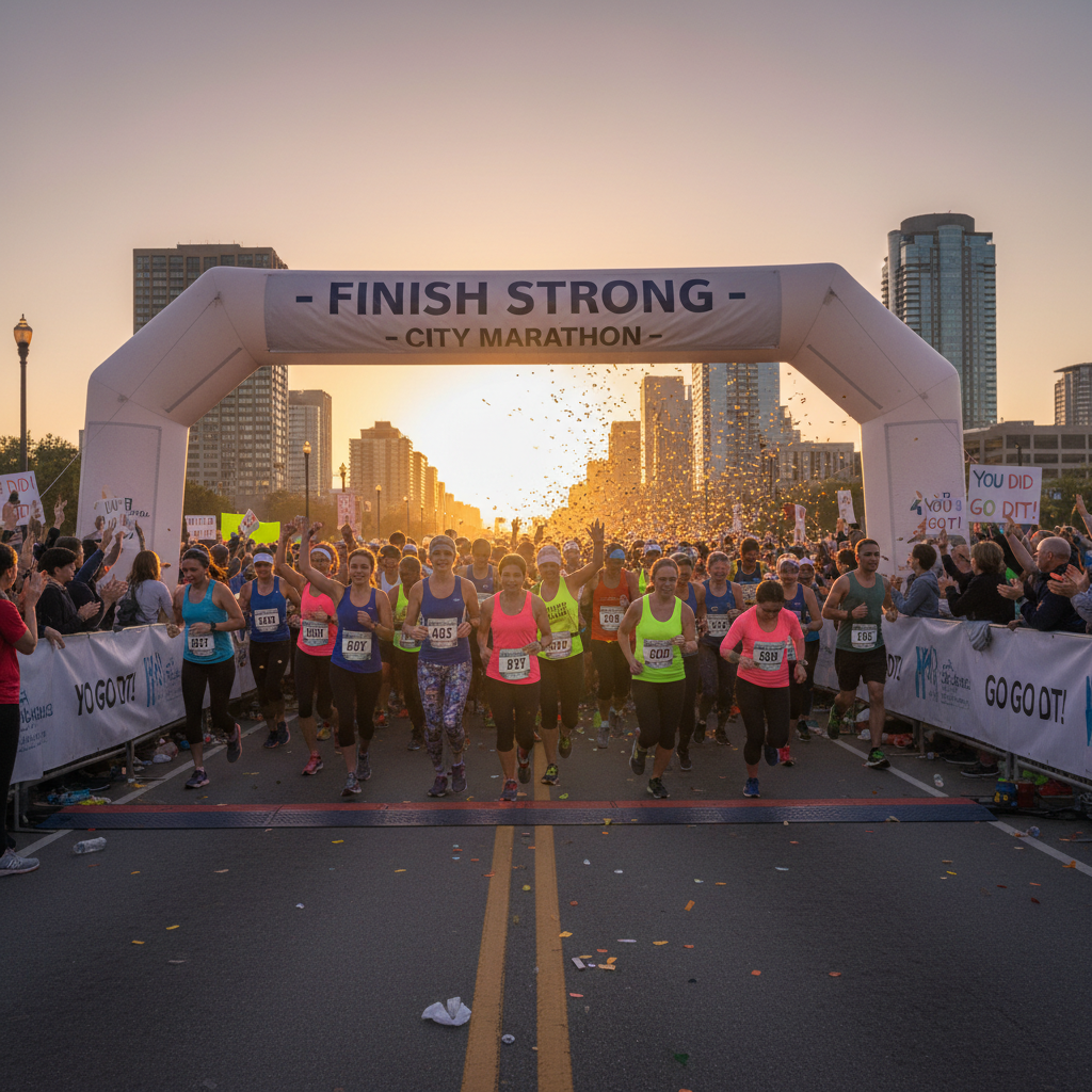 Marathon runners crossing a finish line arch at dawn with crowd cheering