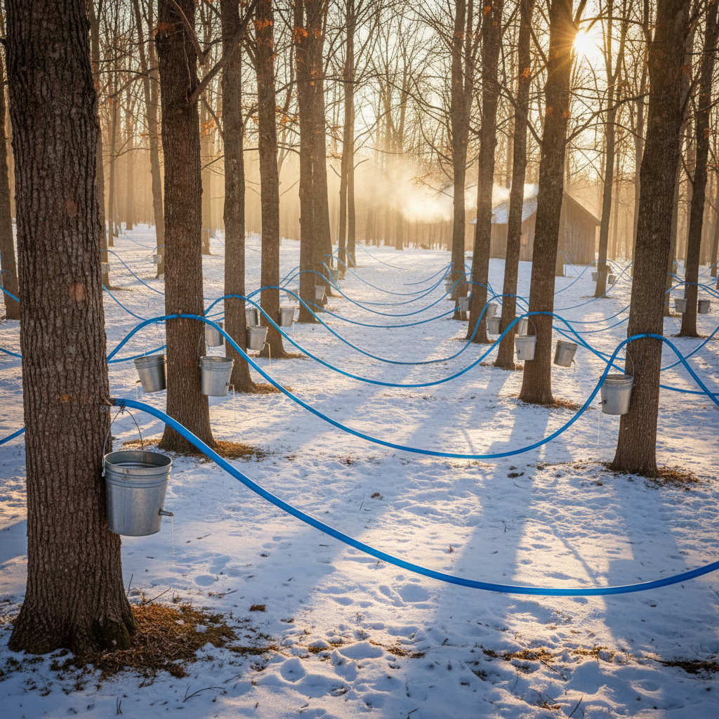 Wide view of a maple sugarbush in late winter, dozens of trees with blue tubing and buckets, golden morning light