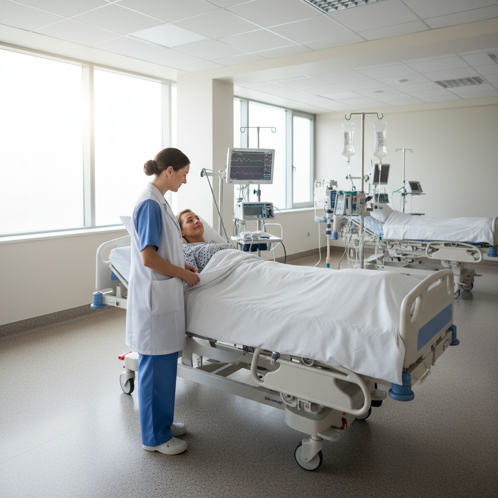 Nurse standing beside patient bed in bright recovery room, patient resting with eyes partially open