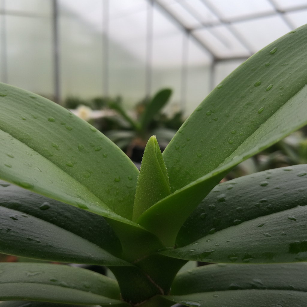 Emerging orchid spike on a Phalaenopsis plant, fresh green growth tip pushing up between mature leaves in soft greenhouse light
