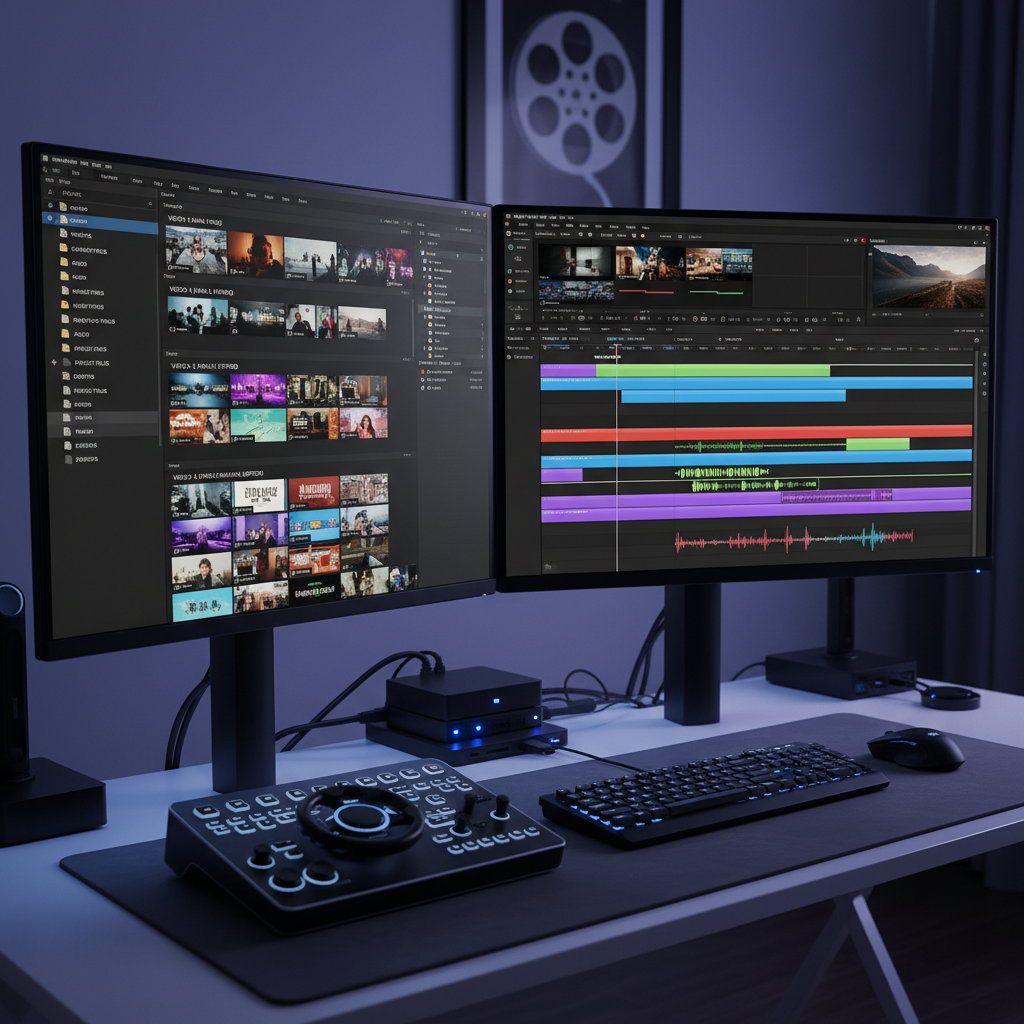 Video editing timeline on monitor showing professional editing workspace