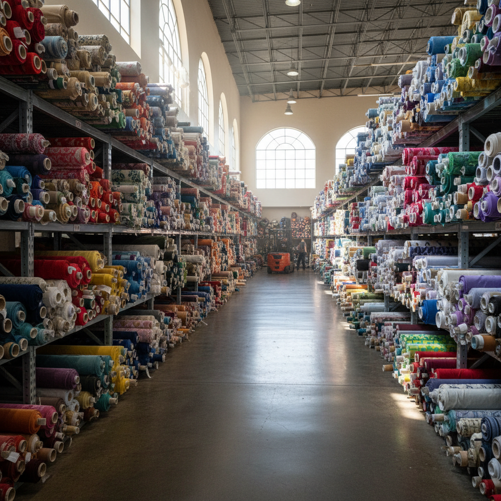 Rows of colorful textile fabric rolls in a warehouse showroom with natural light