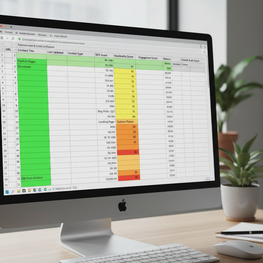 Spreadsheet with color-coded rows showing content audit scores