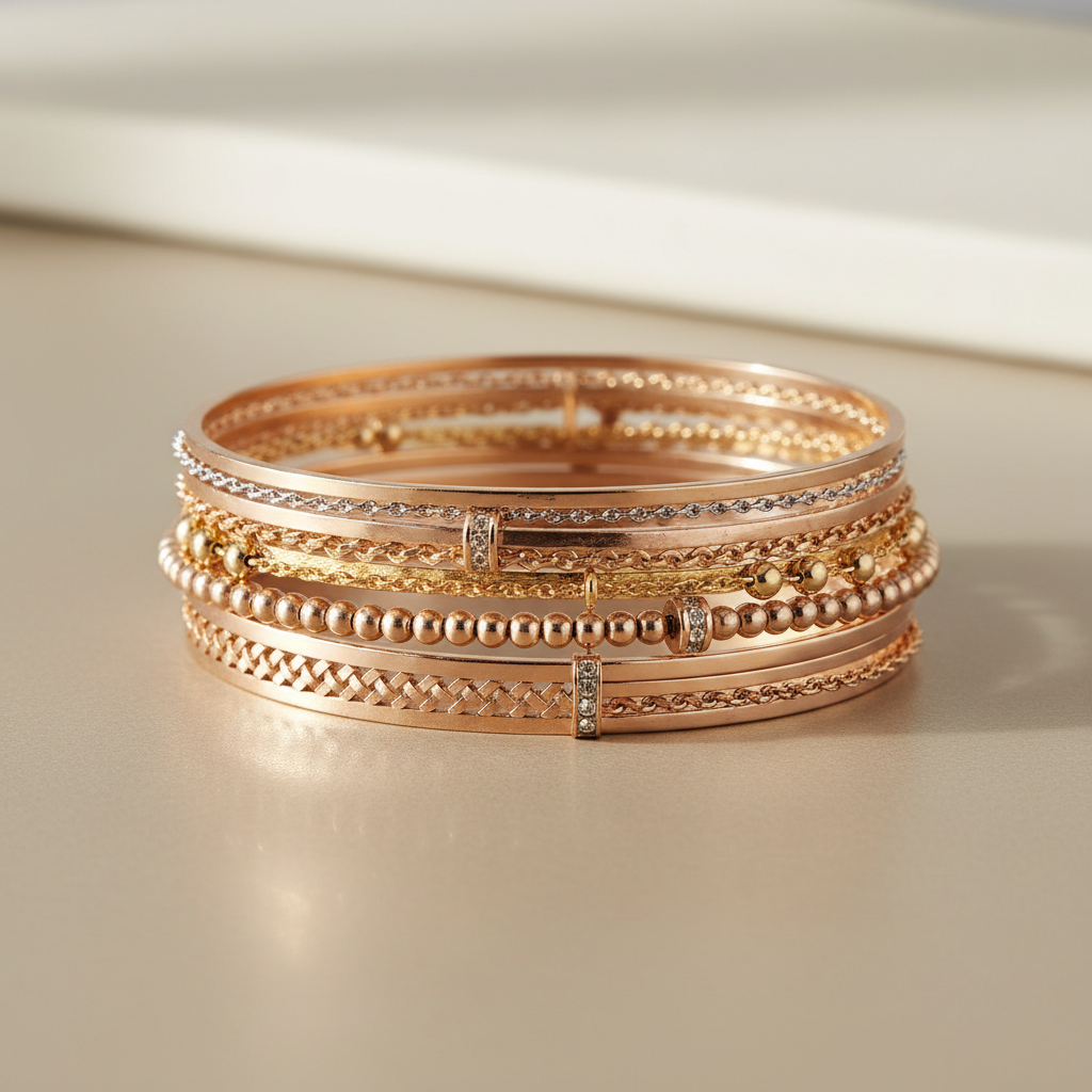 Stack of thin gold floral bracelets layered on a woman's wrist, pastel pink background, feminine aesthetic