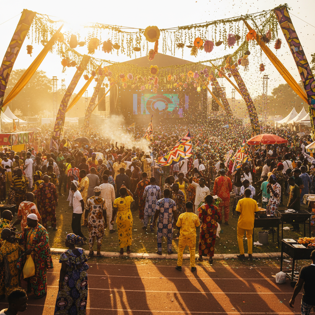 Lagos carnival celebration, large crowd of Nigerian people dancing, colourful costumes, vibrant outdoor festival daytime atmosphere