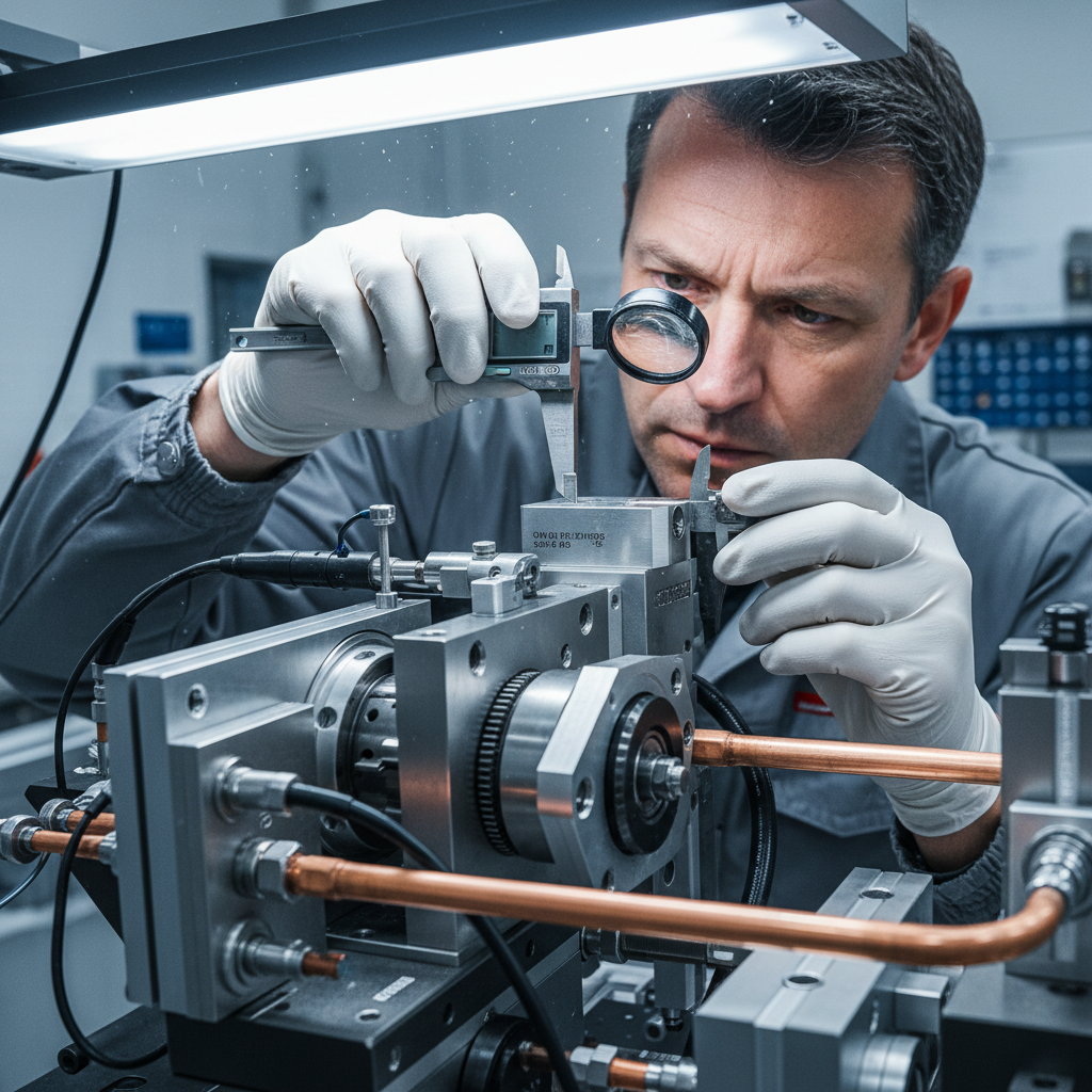 Quality control inspector examining industrial components in factory, professional inspection environment