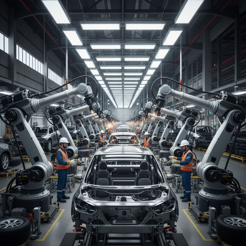 Automotive manufacturing plant with robotic assembly line and workers in safety equipment