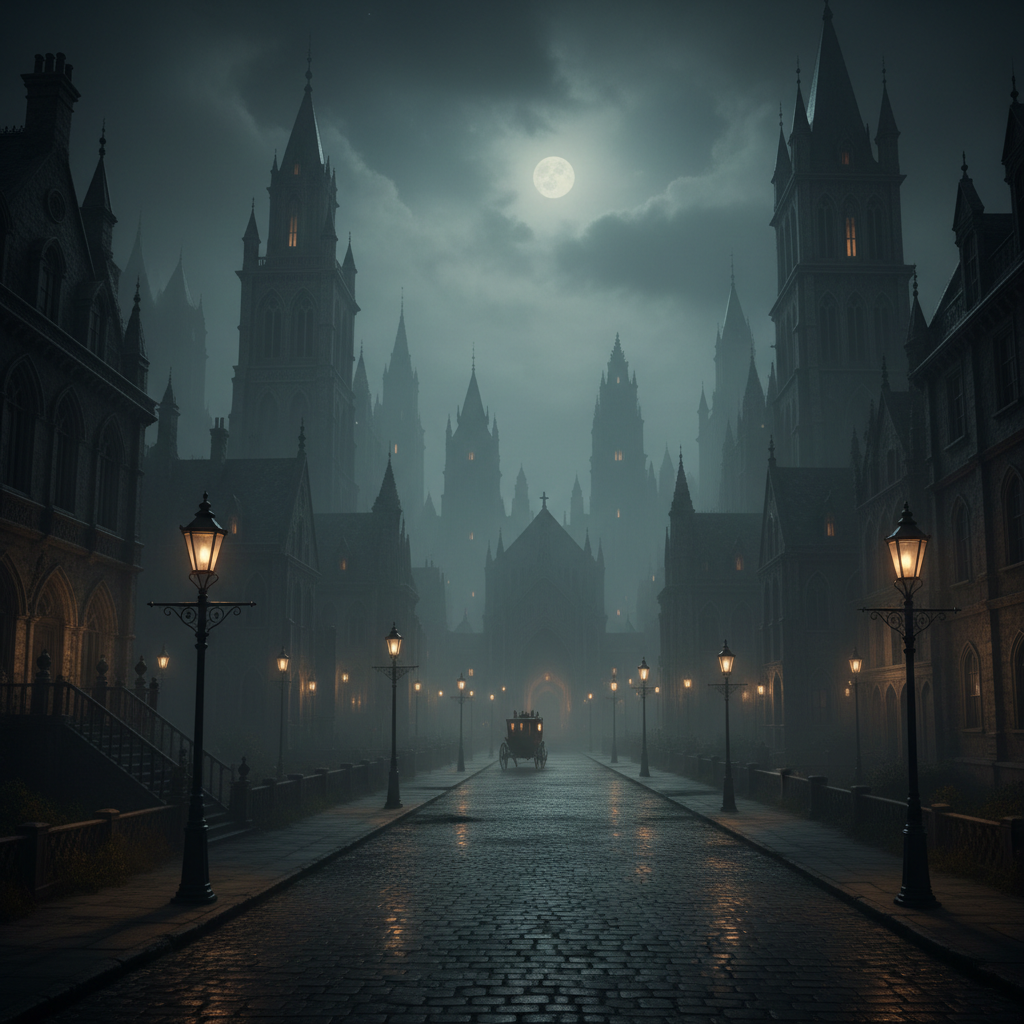 Misty ancient ruins at night with dramatic backlit fog and dark gothic atmosphere