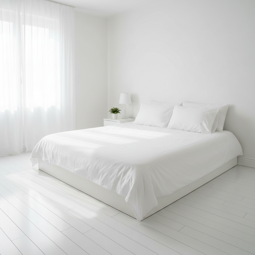 Pristine bedroom with fresh linens, clean surfaces and organized space in bright well-lit room after professional clean