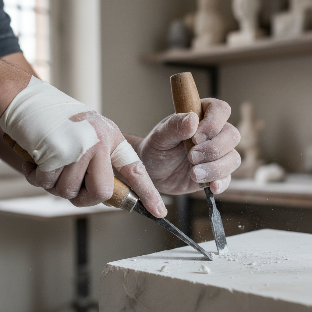 Sculptor's knuckles wrapped in white tape, hands dusted with white stone powder