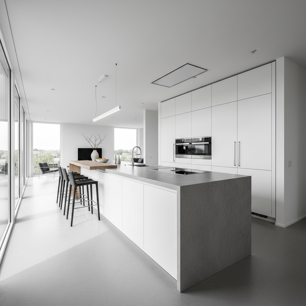 Minimalist Nordic kitchen with white oak cabinetry, marble island, and Miele smart appliances, coastal grey light