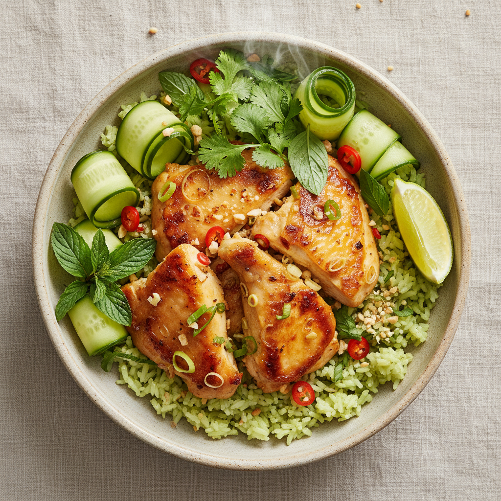 Pandan jasmine rice bowl with golden lemongrass chicken, pickled cucumber ribbons, and fresh herbs, overhead shot