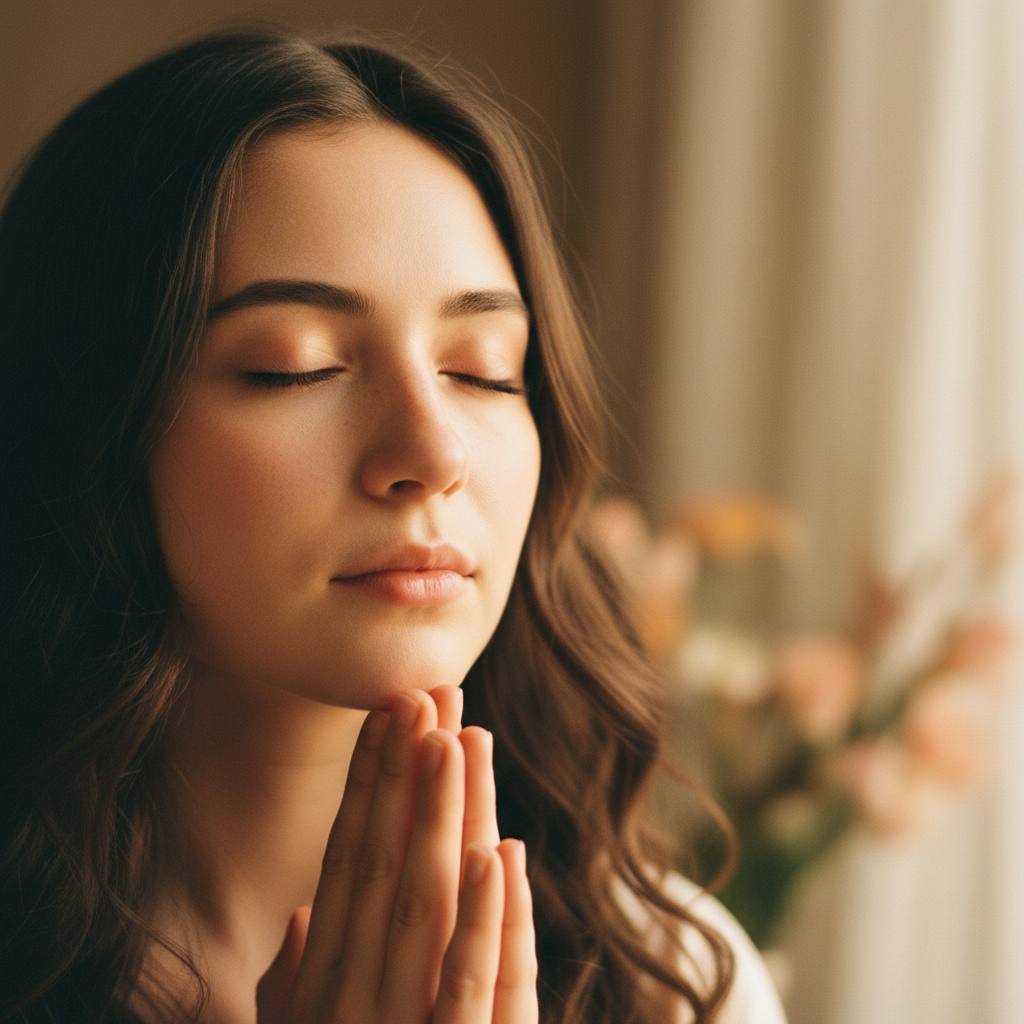 Young woman praying with eyes closed in front of a laptop screen