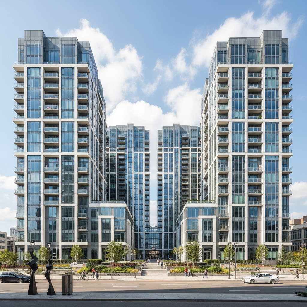 Modern high-rise residential buildings with glass facades against blue sky in Hyderabad
