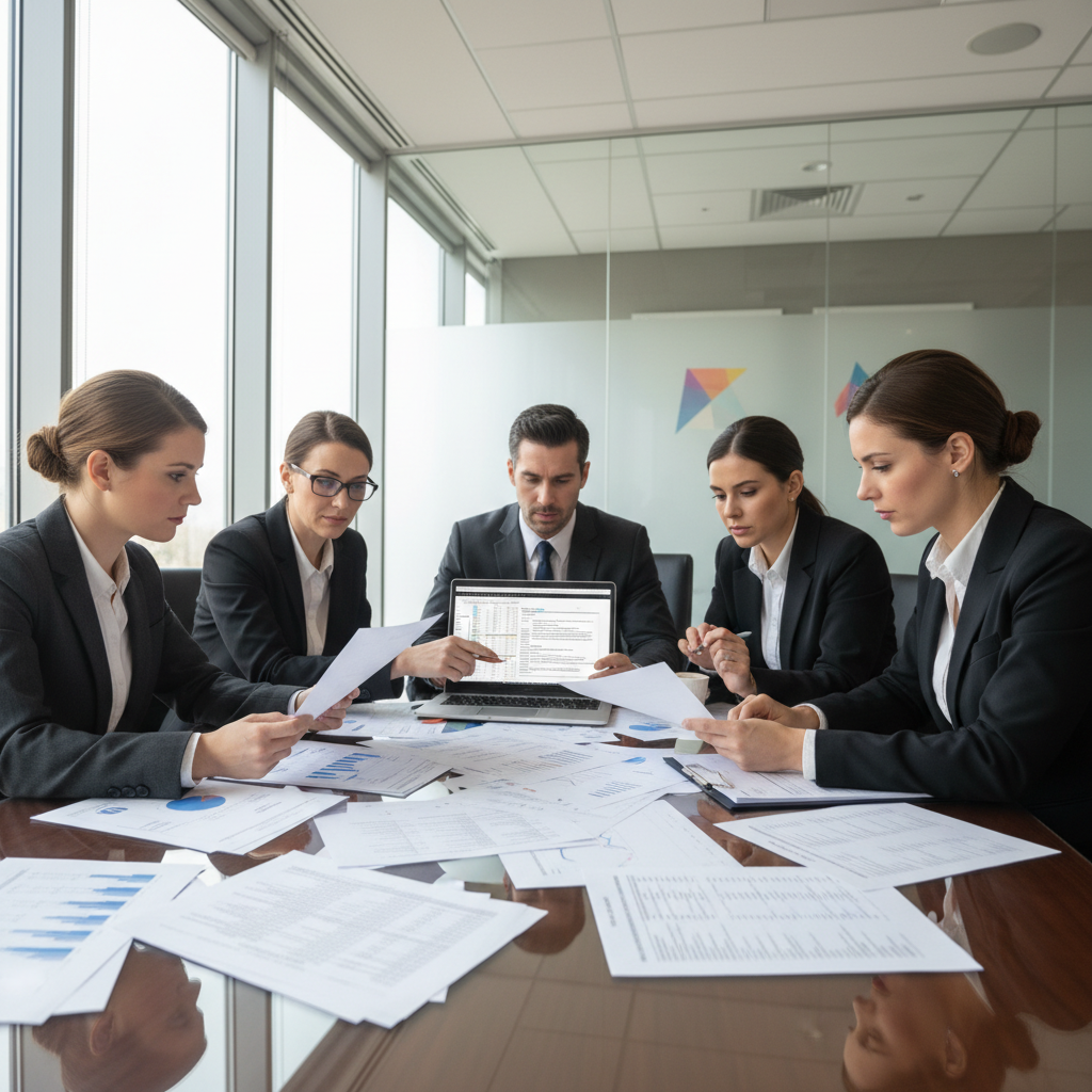 Professional business team in a modern office reviewing apparel business documents and planning