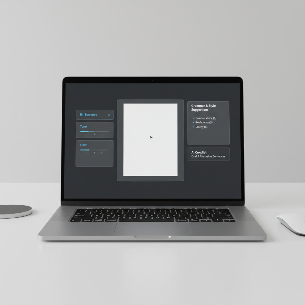 Coach in professional setting with laptop showing AI-assisted content creation interface