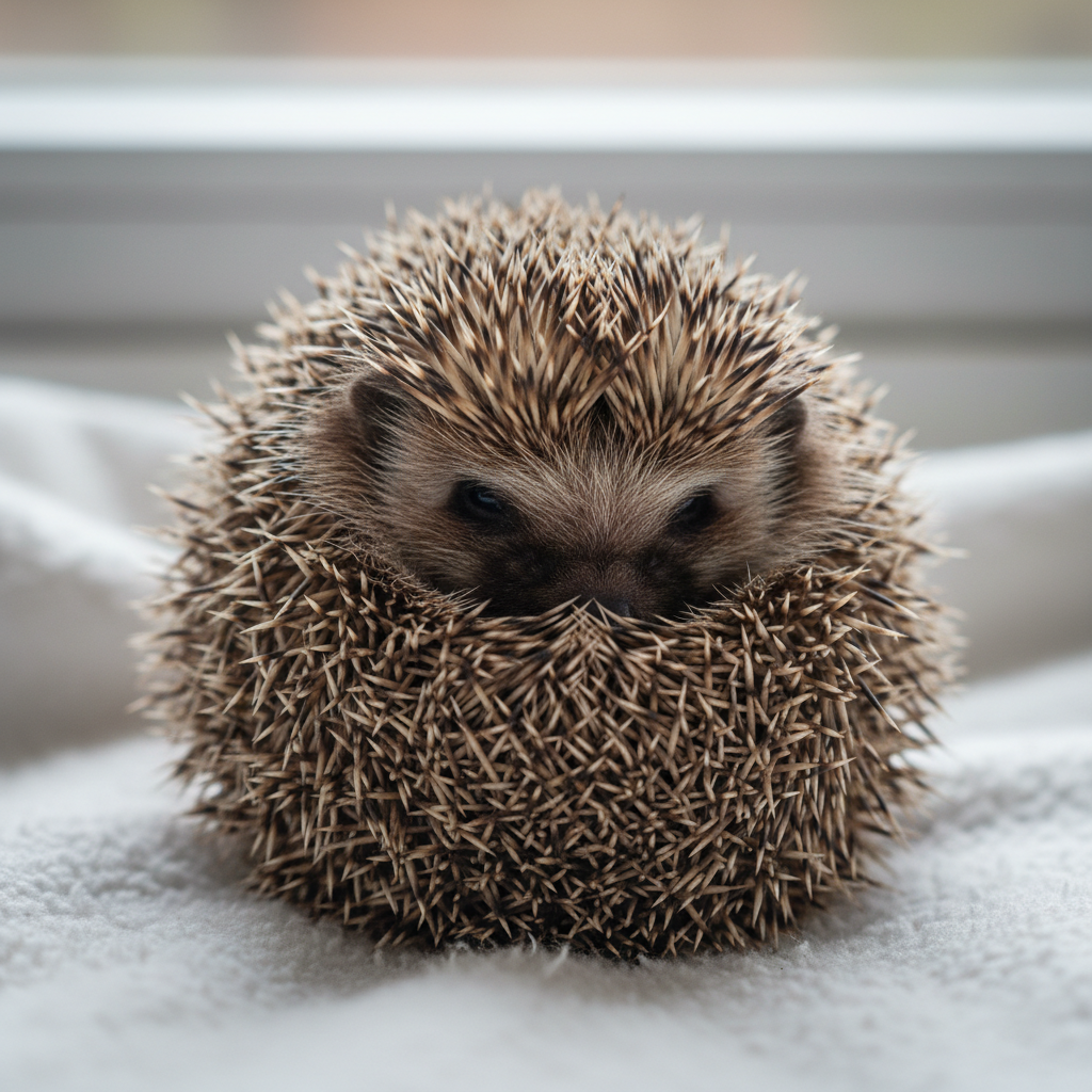 Bramble a young hedgehog curled into a tight defensive ball showing singed spine tips on soft white bedding