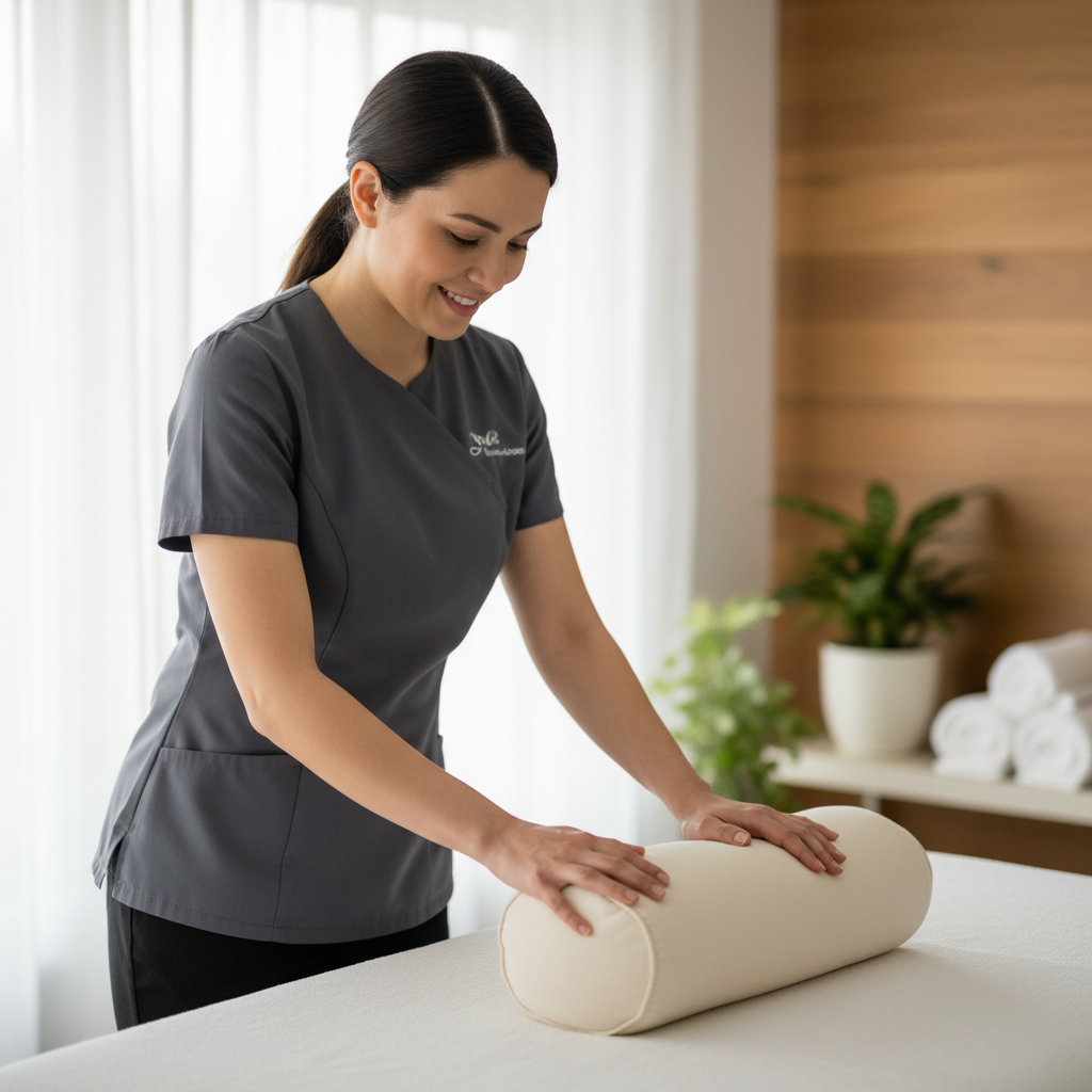 Smiling female massage therapist adjusting a bolster on a treatment table