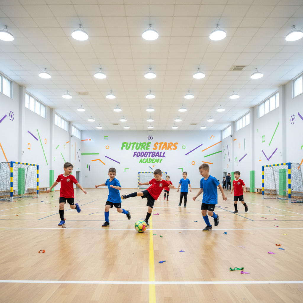 Children playing indoor football in a sports hall during winter academy sessions