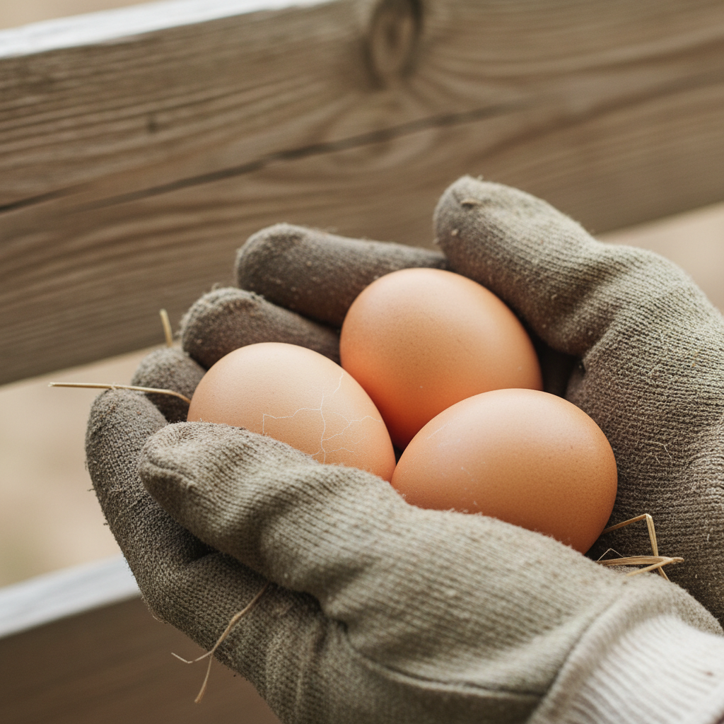 Hands holding fresh eggs gathered from the hen house, worn work gloves on a wooden fence rail