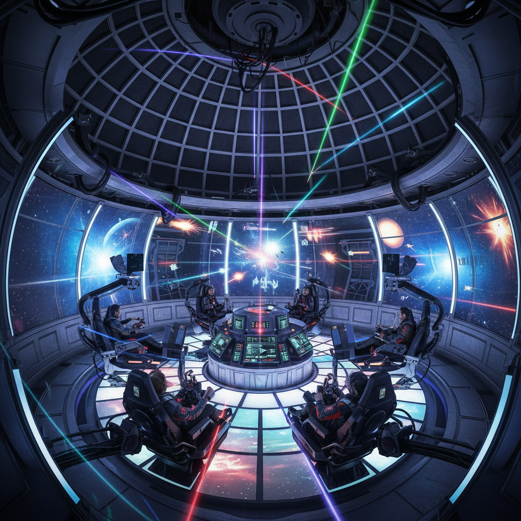 Space battle scene with futuristic spaceships and laser beams in galaxy
