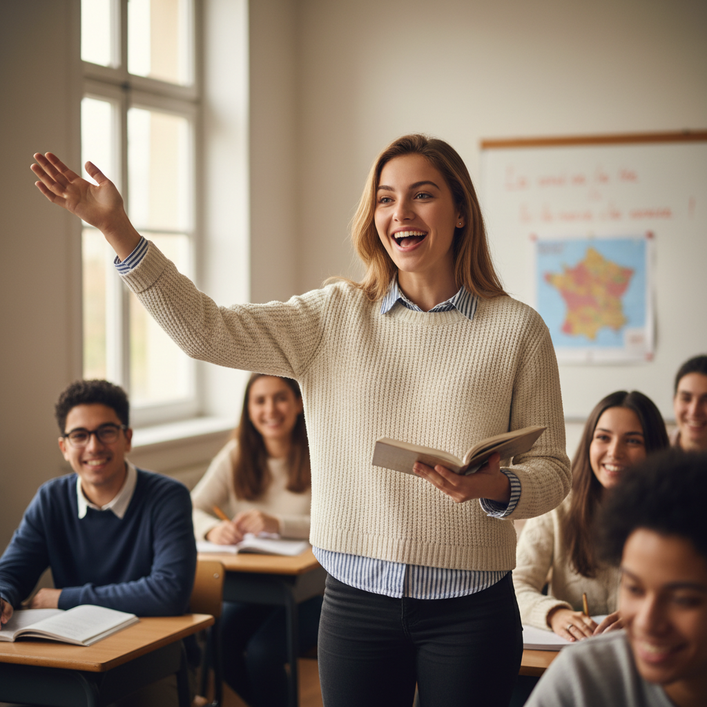 Confident young woman speaking expressively and gesturing naturally in a bright room