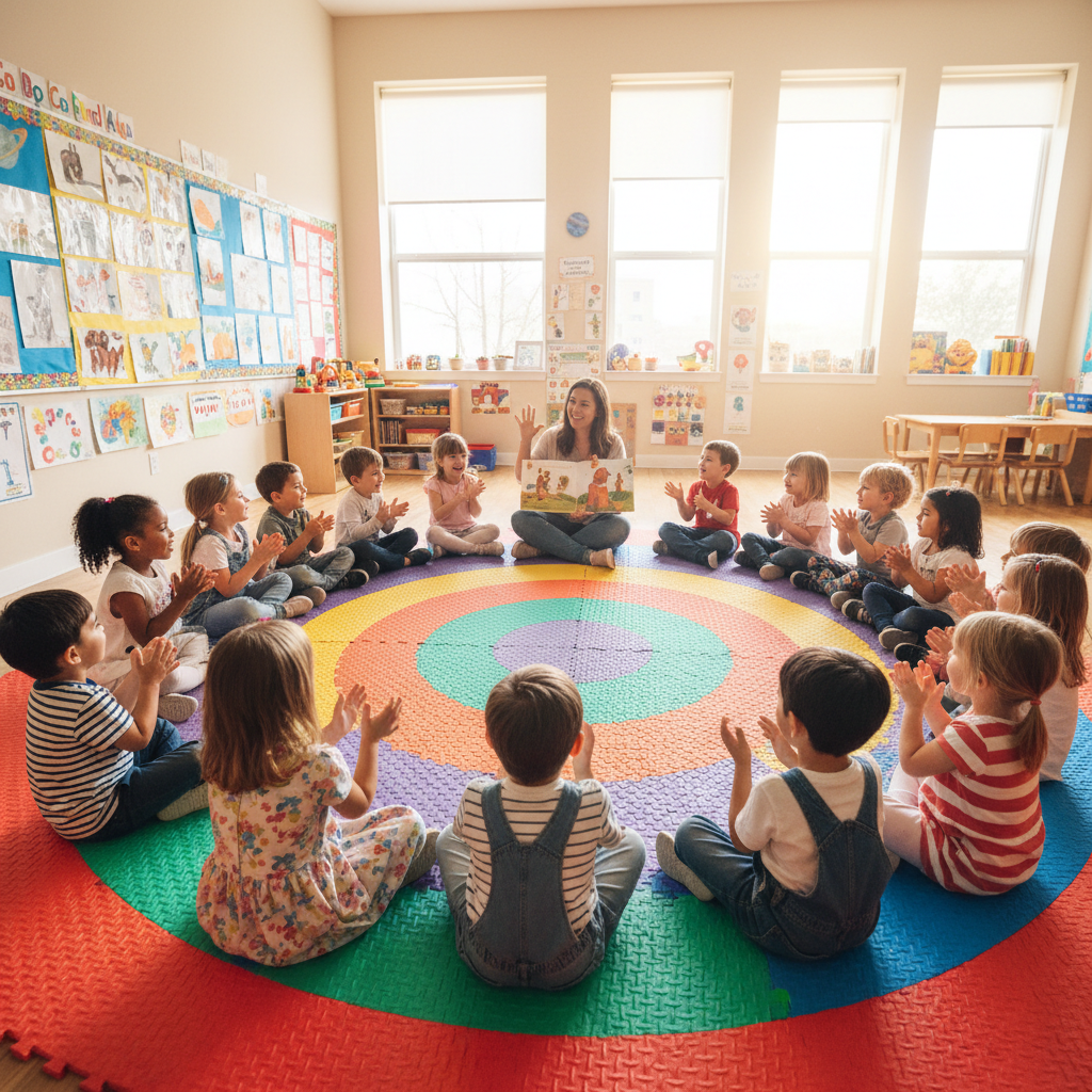 Group of children sitting in a circle on rainbow mats in a bright classroom