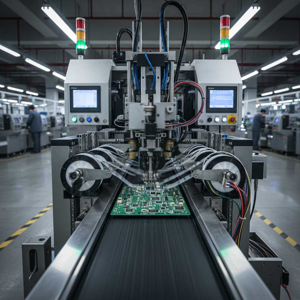 SMT pick and place machine placing components on PCB at high speed