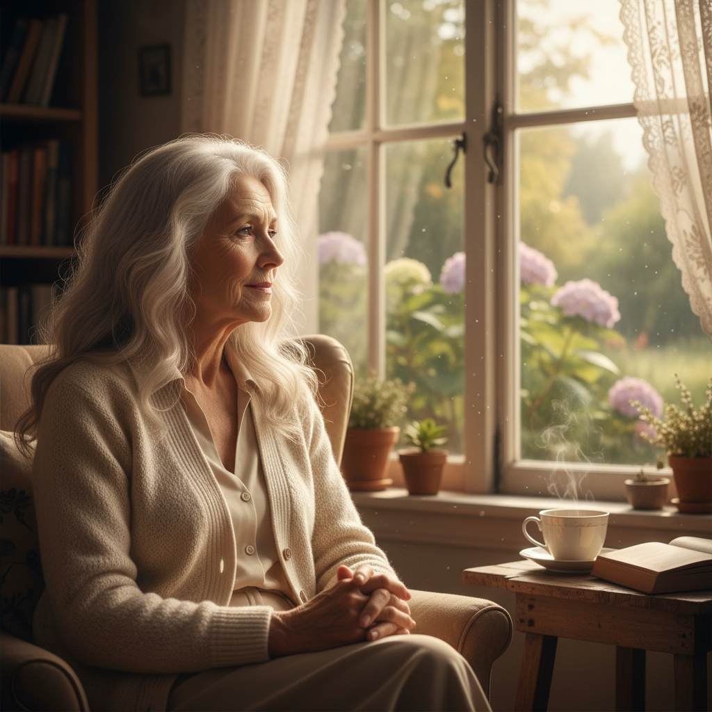 Elderly woman with silver hair sitting near window with soft afternoon light