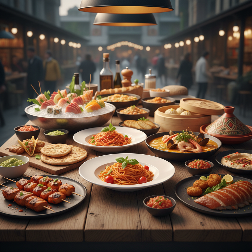 Variety of international dishes arranged beautifully on a table