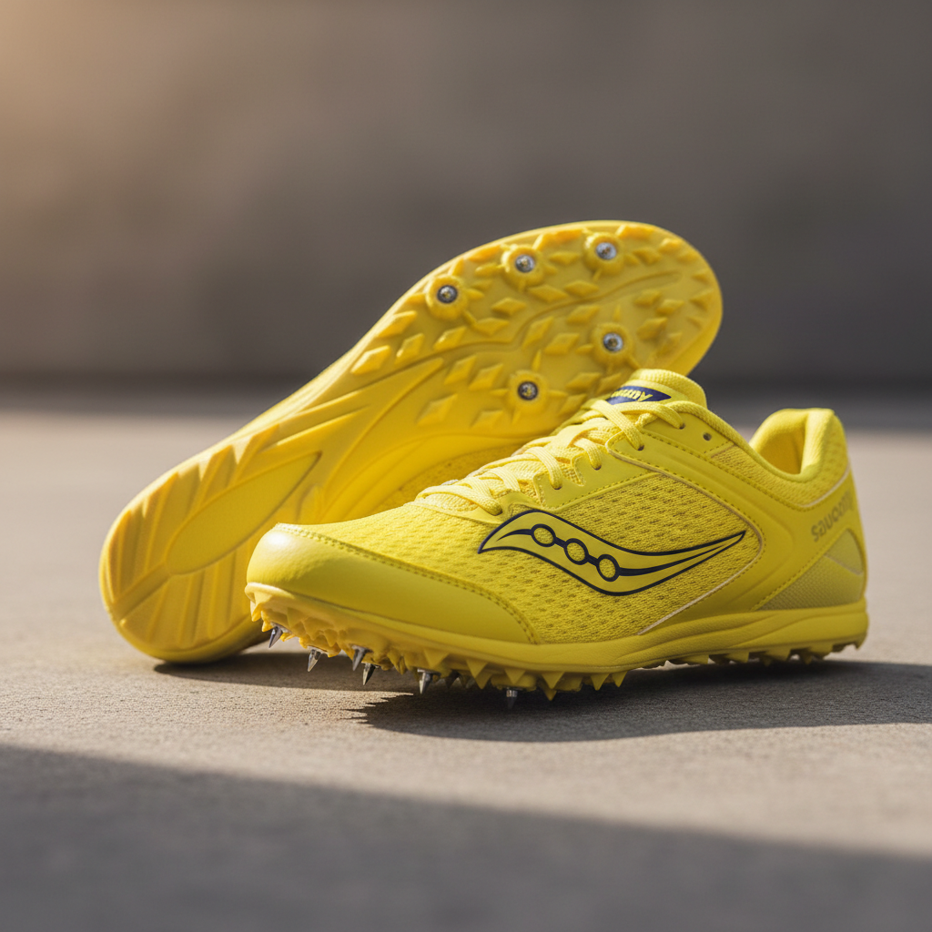 Saucony cross-country spike shoes in bright yellow, clean sole plate visible